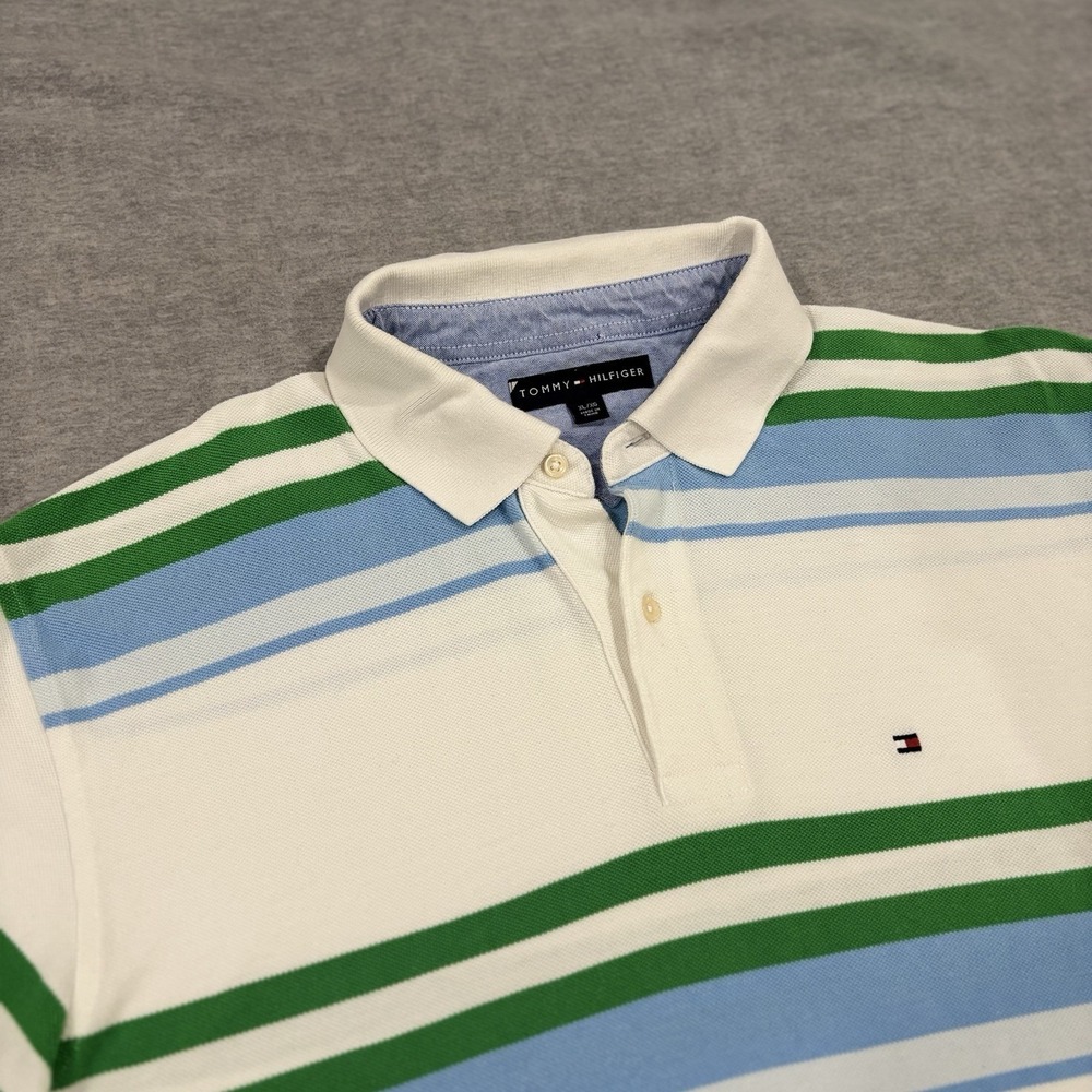 Tommy Hilfiger Polo Shirt Men XL White Blue Green Striped Custom Fit Cotton